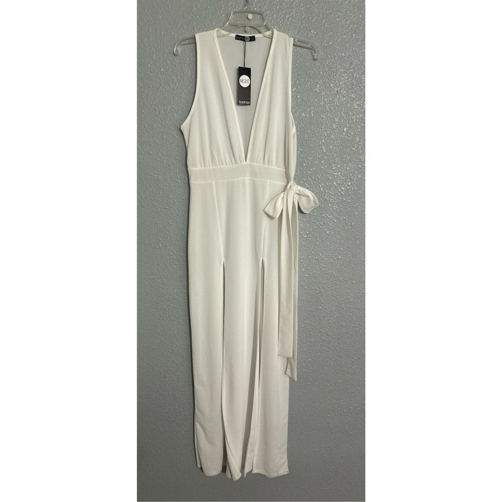 White floor length dress NWT Plunge neckline Double front splits Side tie Empire